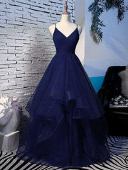 Prom Dress Blue, Charming Spaghetti Strps Navy Blue Prom Dress 2024 Tulle Layers Long Evening Gown
