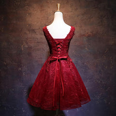 Festival Outfit, Wine Red Short Lace Cute Homecoming Dress, V Neckline Lace Up Teen Party Dress
