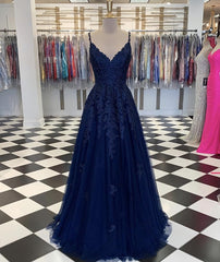 Prom Dresses Long Mermaid, Blue V Neck Tulle Lace Long Prom Dress, Evening Dress