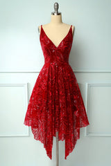 Prom Dresses Long With Slit, Burgundy V Neck Lace High Low Prom Dress, Lace Formal Dress