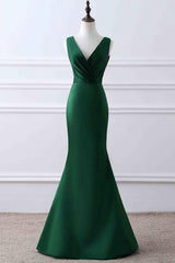 Prom Dresses 3 15 Sleeves, Prom Dress, Green Matte Satin V Neck Mermaid Unique Design Evening Dress