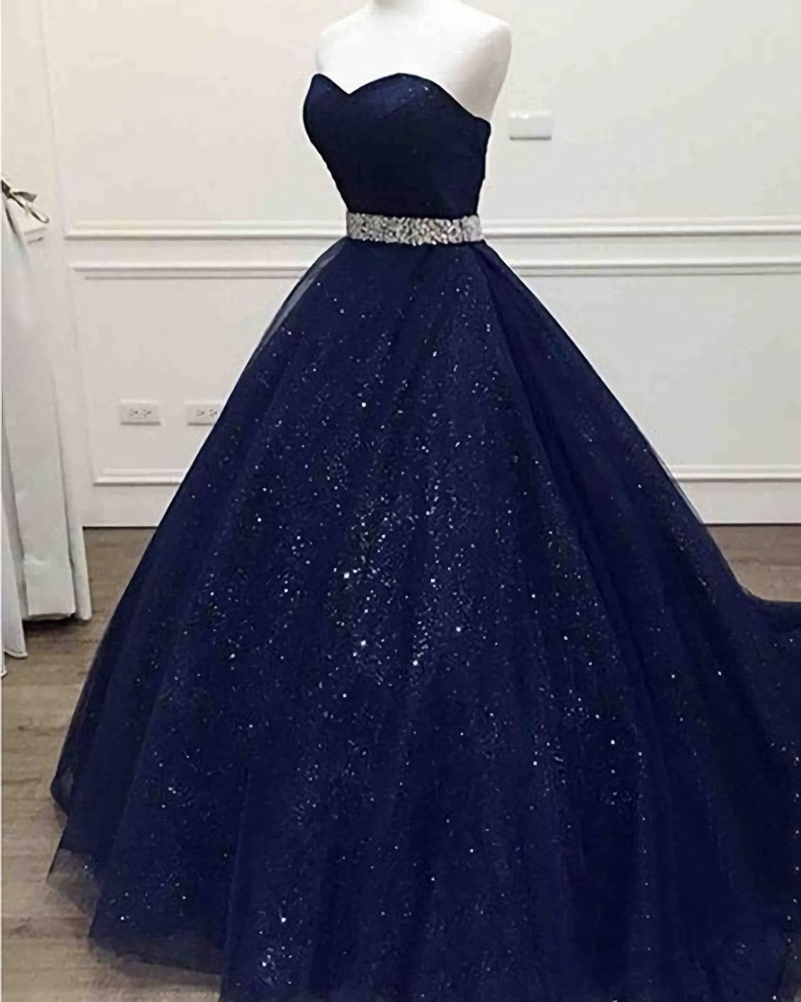 Prom Dresses Outfits Fall Casual, Ong Navy Blue Sparkle Sweetheart Tulle Prom Dress, With Beading Belt