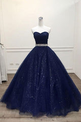 Prom Dress Green, Ong Navy Blue Sparkle Sweetheart Tulle Prom Dress, With Beading Belt