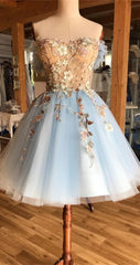 Homecoming Dresses Business Casual Outfits, A Line Off The Shoulder Above Knee Light Blue Homecoming Dress, With Appliques