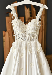 Cute Dress, White Satin Applique Long Prom Dress, Evening Dress