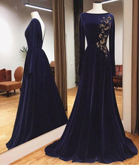 Prom Dresses Shopping, Blue Long Sleeves Charming Prom Dress