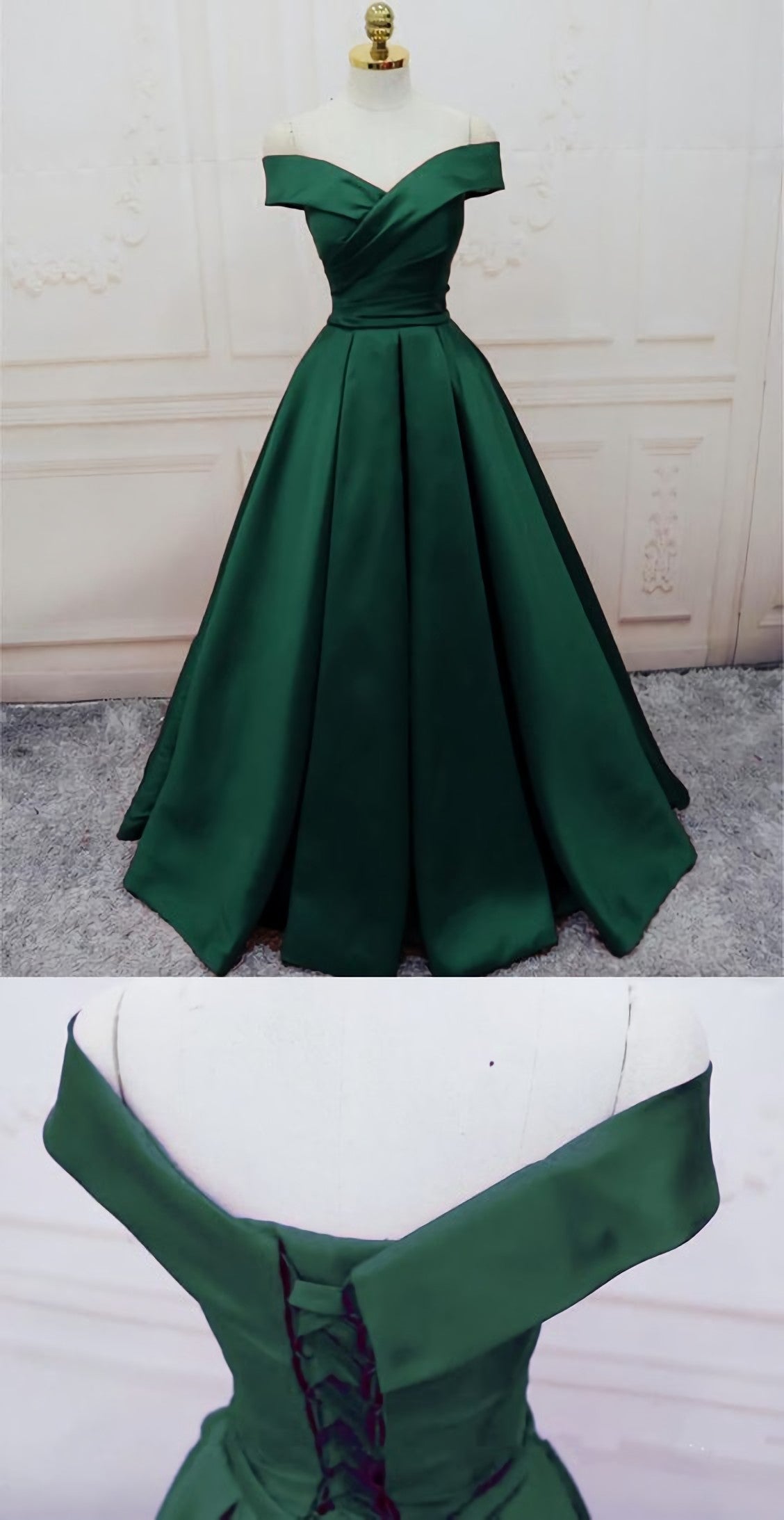 Prom Dress With Tulle, Emerald Green Long Satin Evening Dresses, V Neck Off The Shoulder Prom Dresses