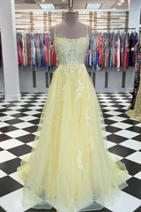 Prom Dress Purple, Yellow Tulle Lace Long Prom Dress, Yellow Lace Formal Dress