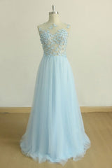 Prom Dress Open Back, A Line Round Neck Baby Blue Lace Long Prom Dress, With Butterfly