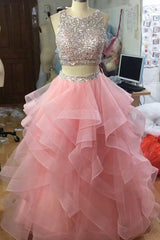 Prom Dresses Guide, Jewel Neck Pink Party Dresses, Sequins And Beaded 2 Pieces Prom Dresses, Ruffle And Tiered Tulle Affordable Evening Dresses