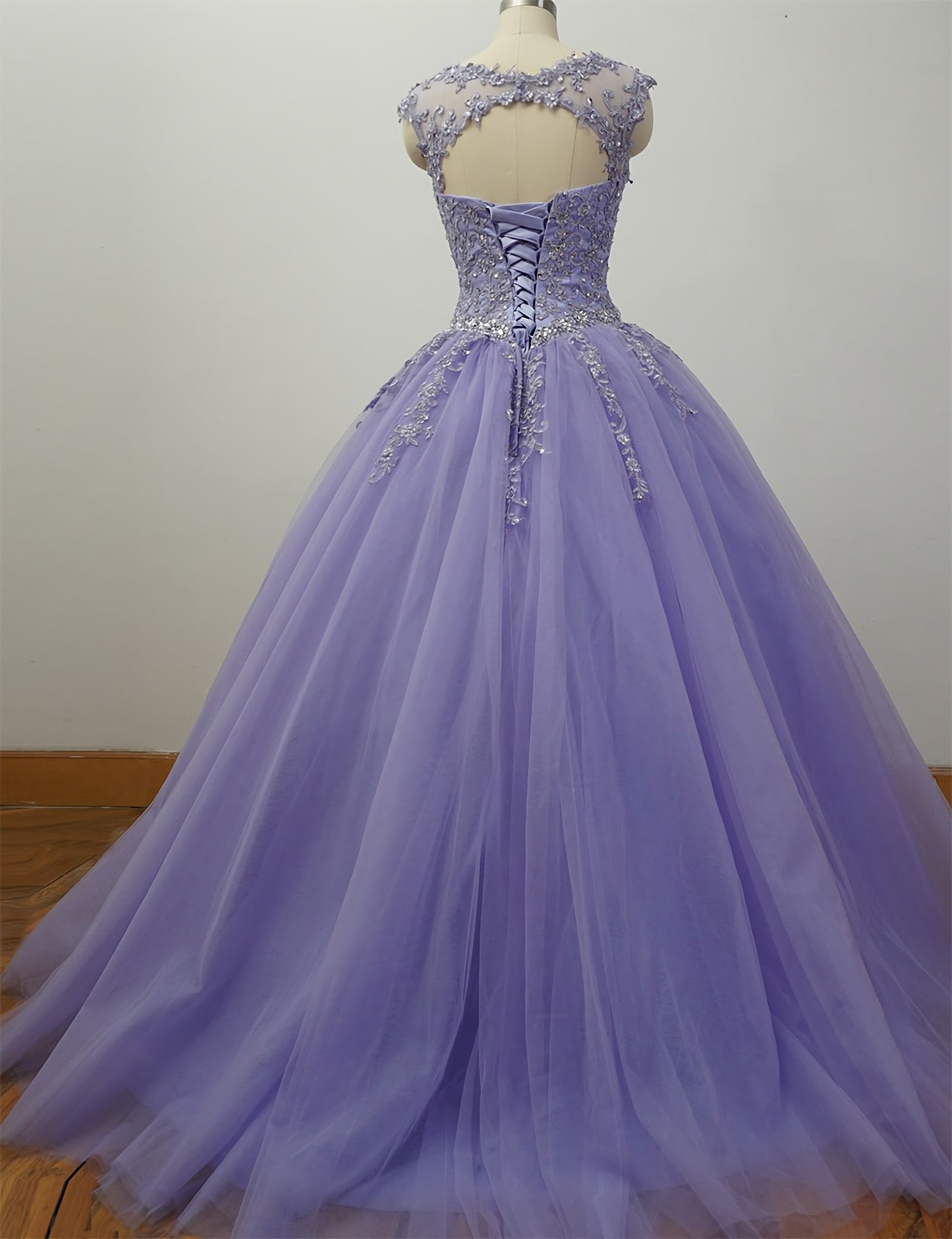 Prom Dresses Piece, Gorgeous Cap Sleeves Lavender Ball Gown Quinceanera Dresses, Lace Appliqued Beading Bling Bling Sweet 16 Dress, Debutante Gown Prom Dresses