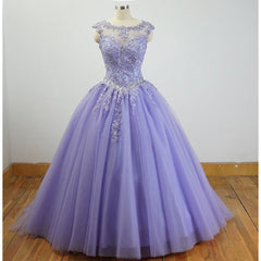 Prom Dress Pieces, Gorgeous Cap Sleeves Lavender Ball Gown Quinceanera Dresses, Lace Appliqued Beading Bling Bling Sweet 16 Dress, Debutante Gown Prom Dresses