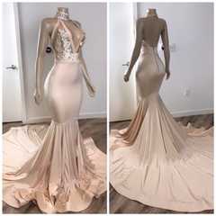 Prom Dress Type, Black Girl Prom Dresses, Backless Champagne Pink Cheap Prom Dresses, With Appliques