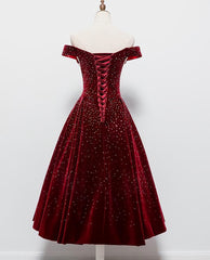 Prom Dresses Fitting, Beautiful Wine Red Tea Length Sweetheart Party Dress, Velvet Bridesmaid Dress, Prom Dress