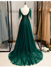 Prom Dresses Near Me, Elegant V Neckline Straps Tulle Long Junior Prom Dress, Green Prom Dress 2024