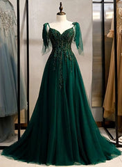 Prom Dress Prom Dresses, Elegant V Neckline Straps Tulle Long Junior Prom Dress, Green Prom Dress 2024