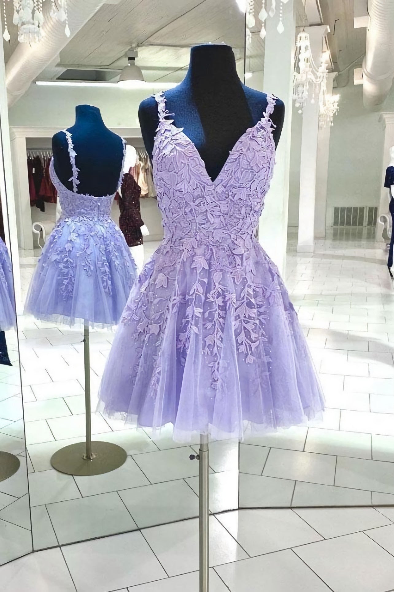 Homecoming Dresses Modest, Purple V Neck Tulle Lace Short Homecoming Dress, Lace Cocktail Dress