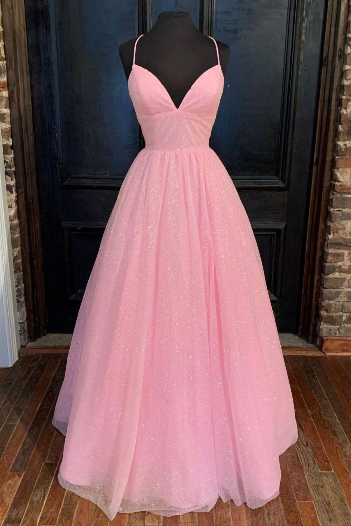 Short Dress, Empire Pink Shiny Tulle Long Prom Dress 2024