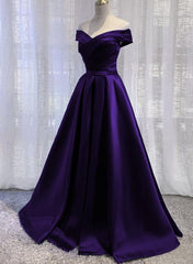 Formal Dresses Long Elegant Classy, Simple Off Shoulder Satin Long Prom Dress, Dark Purple Party Dress Evening Gown