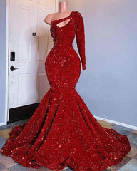 Bridesmaid Dresses Mismatched, Red Sequined Black Girls Mermaid Prom Dresses 2024 Plus Size One Shoulder Long Sleeve Sequined Keyhole Prom Gowns