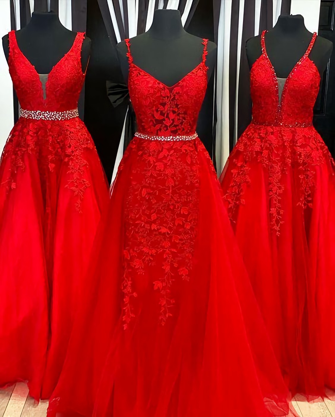 Bridesmaid Dresses Wedding, A Line Red Beaded Tulle Gown Prom Dresses