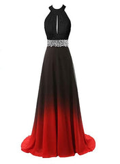 Prom Dress Long Sleeved, Beautiful Gradient Color Halter Beaded Party Dress, Red And Black Prom Dress