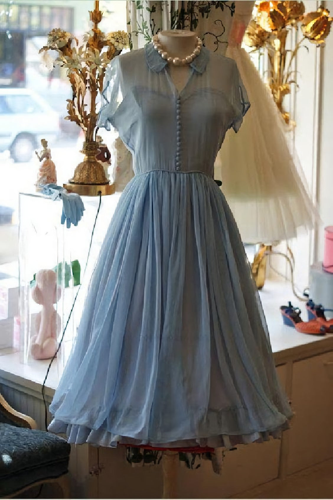 Homecomming Dresses Floral, Light Dresses, Chiffon Elegant A Line Doll Collar Short Sleeves Homecoming Blue Chiffon Vintage Style Dress