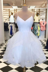 Homecoming Dress Green, White Tulle Layered V Neck Short Homecoming Dress, White A Line Party Dress