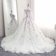 Prom Dress Princess Style, White Tulle Ruffles Long 3D Flower Lace Applique Prom Dress, Quinceanera Dress, With Sleeve