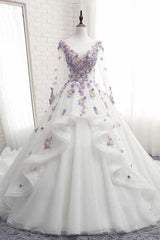 Prom Dresses Princess Style, White Tulle Ruffles Long 3D Flower Lace Applique Prom Dress, Quinceanera Dress, With Sleeve