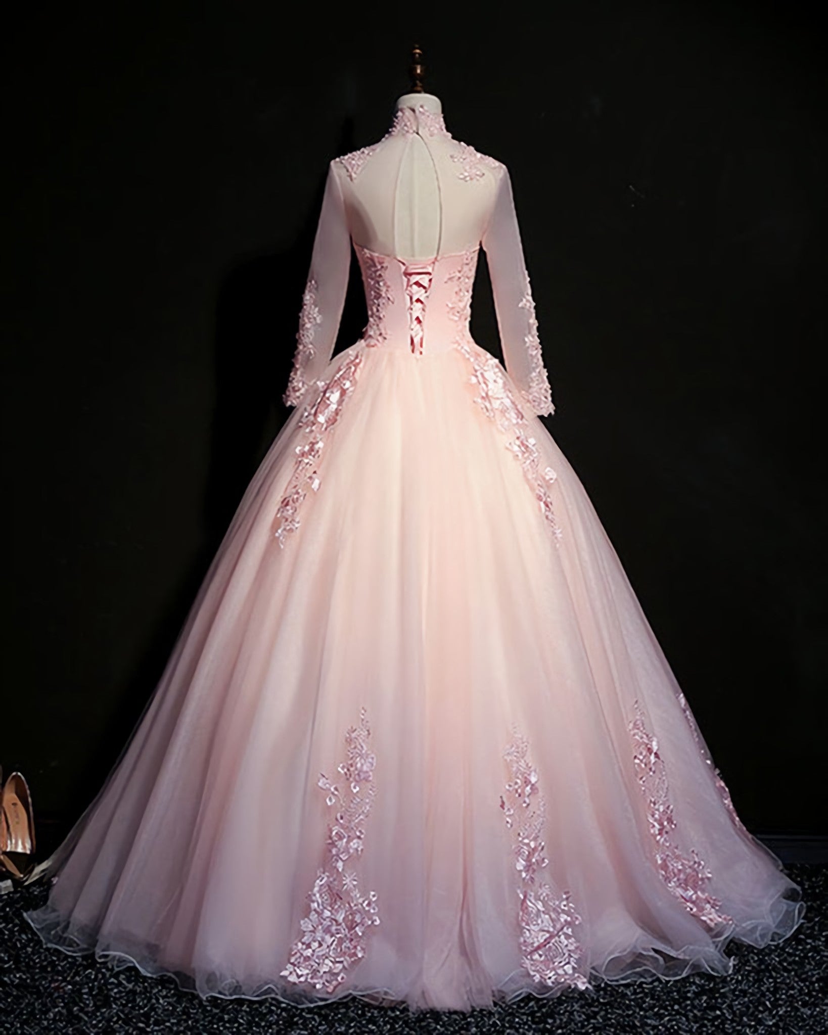 Prom Dresses Ball Gown Style, Pink Tulle Beaded Long Lace Applique Formal Prom Dress, Evening Dress, With Sleeve