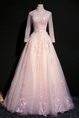 Prom Dresses 2034 Long, Pink Tulle Beaded Long Lace Applique Formal Prom Dress, Evening Dress, With Sleeve