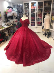 Prom Dresses With Shorts, Off Shoulder Dress, Off Shoulder Red Dress, Red Glitter Fabric Red Ballgown Dress, Prom Dress
