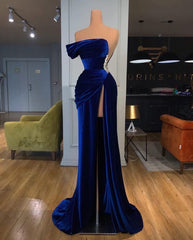 Wedding Dress, One Shoulder Royal Blue Velvet Evening Prom Dress, With Slit