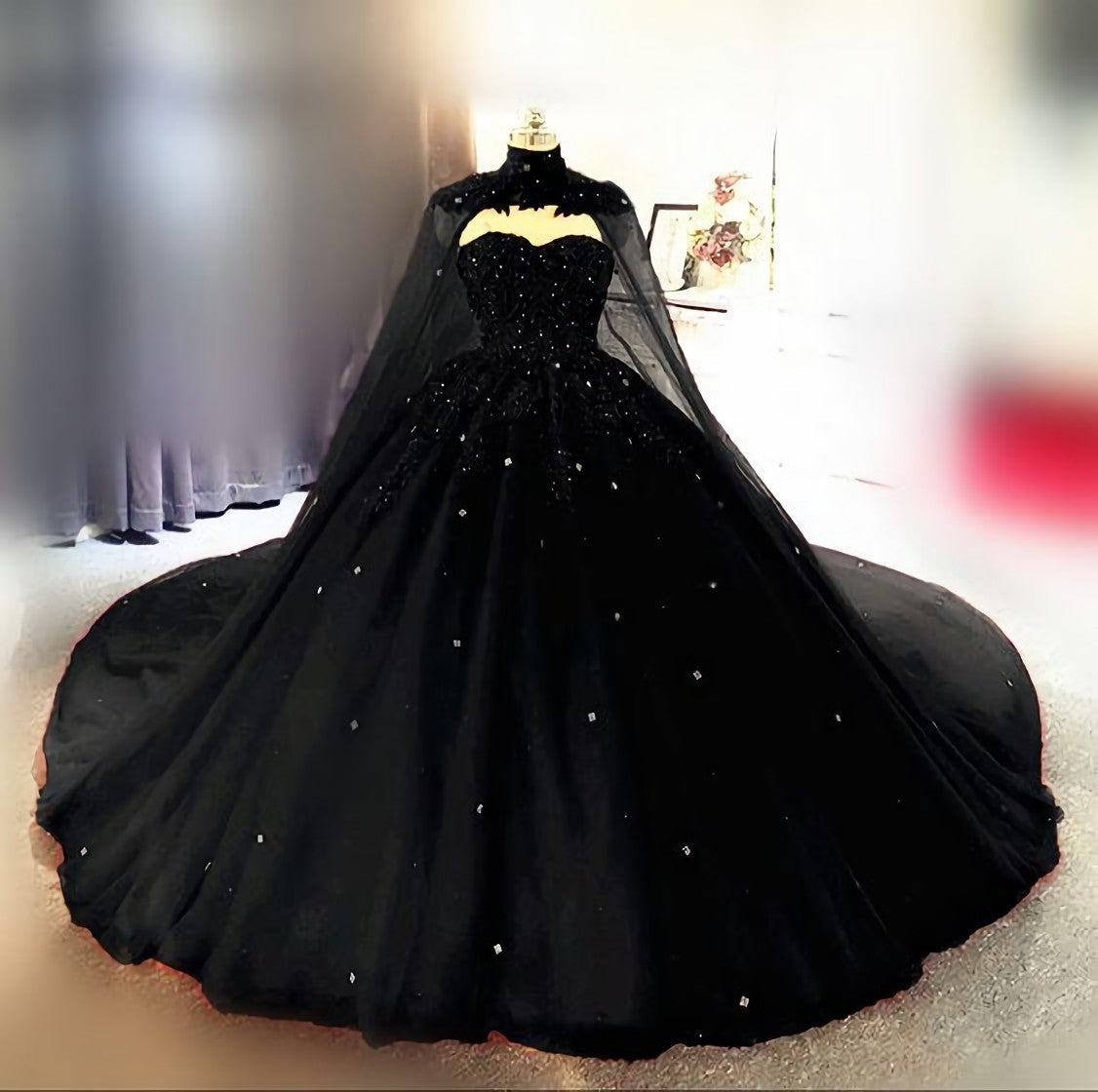 Prom Dresses Shiny, Vintage Gothic Style Black Quinceanera Dresses, Ball Gown With Cape Prom Dresses