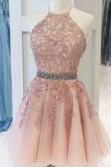 Prom Dress Inspo, Pink Halter Appliqued Homecoming Dress, With Beading Belt