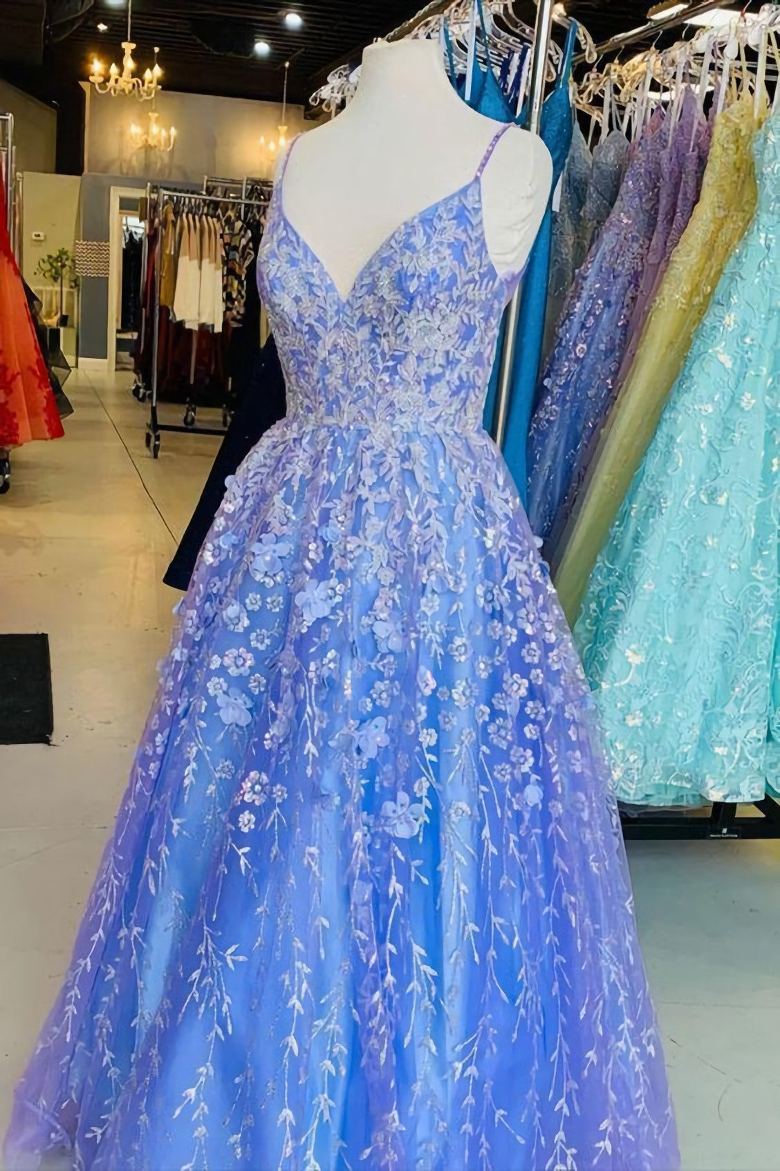 Prom Dresses, A Line Blue Lace Appliqued Long Formal Dress, Prom Dresses