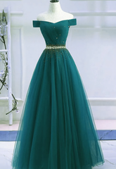 Prom Dressed Blue, Pretty Hunter Green Off Shoulder Beaded Prom Dress, Long Evening Dress, Party Dress