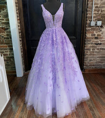 White Dress, Purple Lace Long A Line Prom Dress, Evening Dress