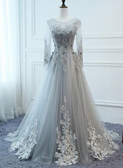 Party Dress Jeans, Grey Long Sleeves V Neckline Tulle Prom Dress, A Line Floor Length Party Dress