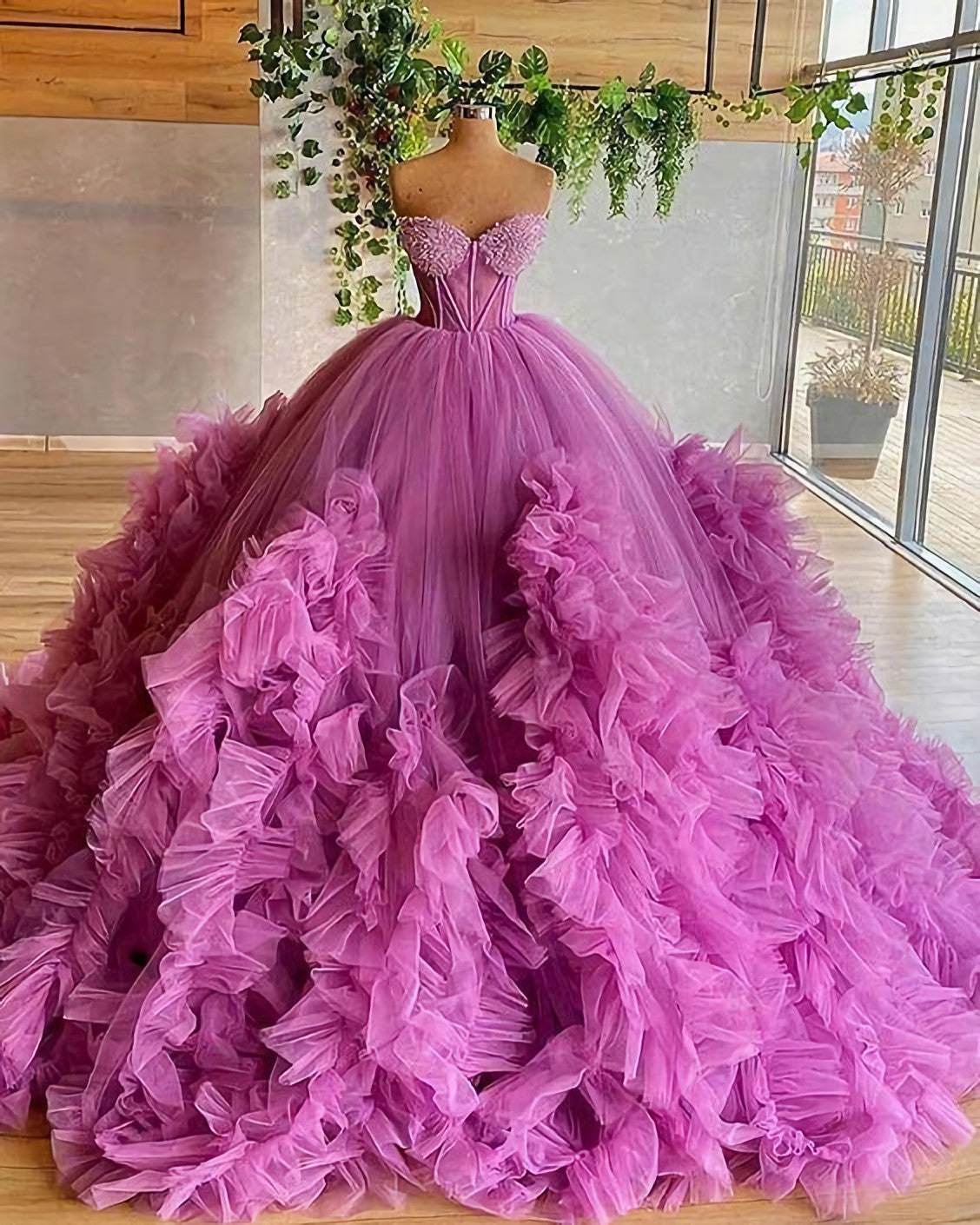Prom Dresses Ballgown, Sweetheart Purple Beading Bodice Tulle Ruffle Pleated Ball Gown Evening Dress, Prom Gown