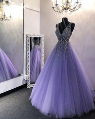 Prom Dress Lace, Amazing V Neck Beading Lavender Ball Gown Puffy Girls Sweet Quinceanera Dresses, Prom Gown