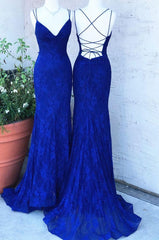Prom Dress Designs, Elegant Mermaid Royal Blue Lace Long Prom Dress, With Lace Up Back 2024 Long Prom Dress