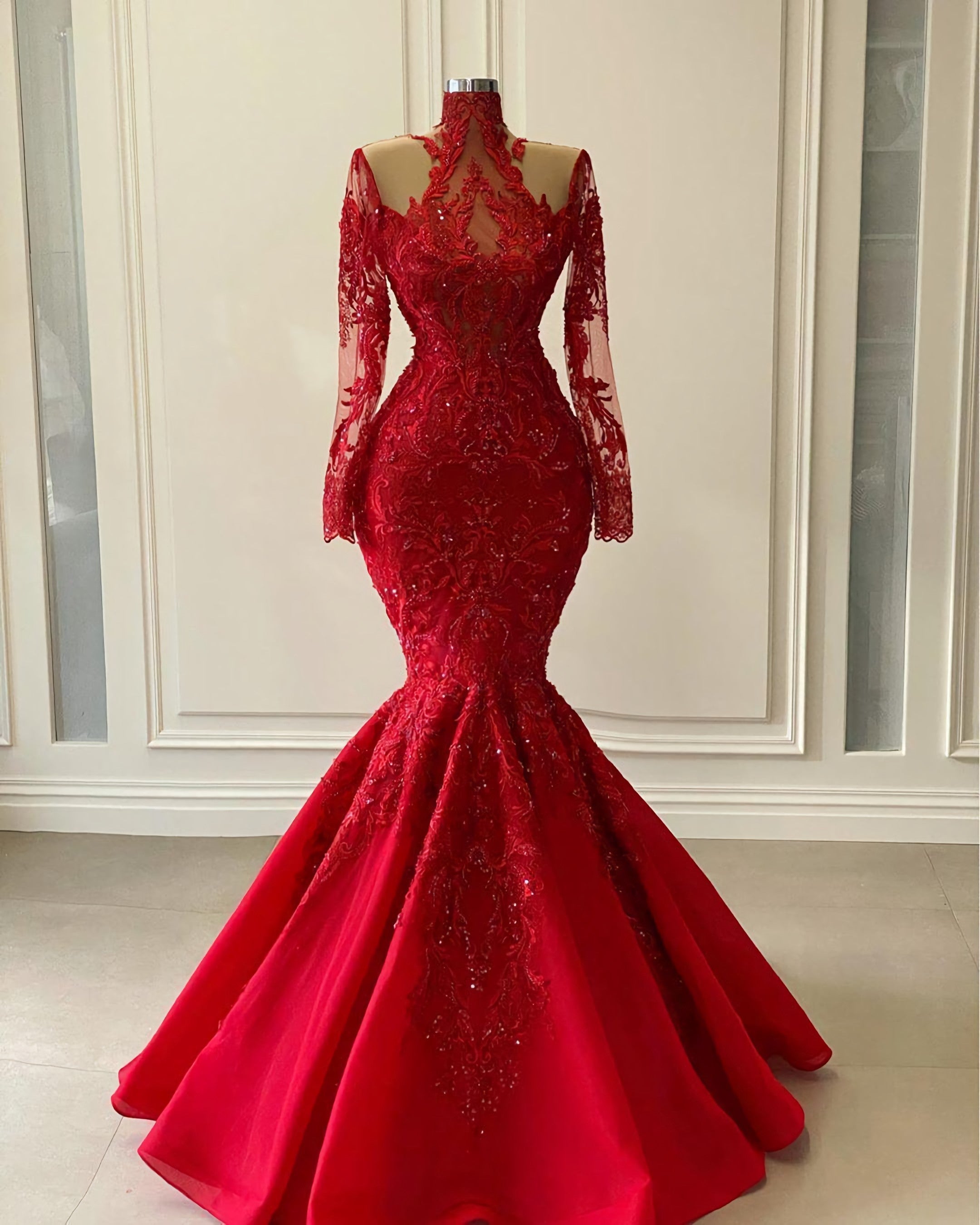 Prom Dress For Teen, Red Luxurious Lace Beaded Evening Dresses 2024 Red Shiny Long Sleeve High Neck Mermaid Prom Gowns