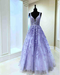 Green Dress, Gorgeous V Neck Embroidery Lavender Long Prom Dress