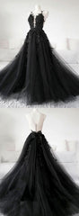 Prom Dresses For Teen, Unique Black Tulle V Neck Sheer Back Lace Applique Evening Dress, Formal Dress, Long Prom Dress