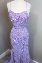 Prom Dress Two Piece, Mermaid 2024 Lavender Lace Long Prom Dress, Formal Dress