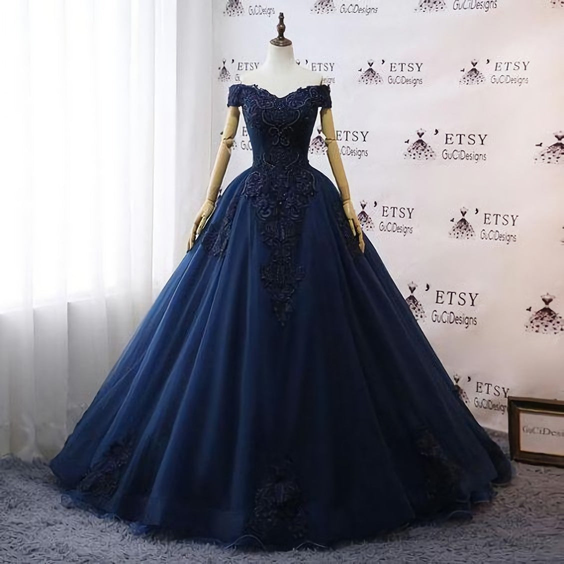 Wedding Dress For The Beach, Prom Dresses, Navy Blue Wedding Dresses, Floral Lace Ball Gown Off Shoulder Evening Dress