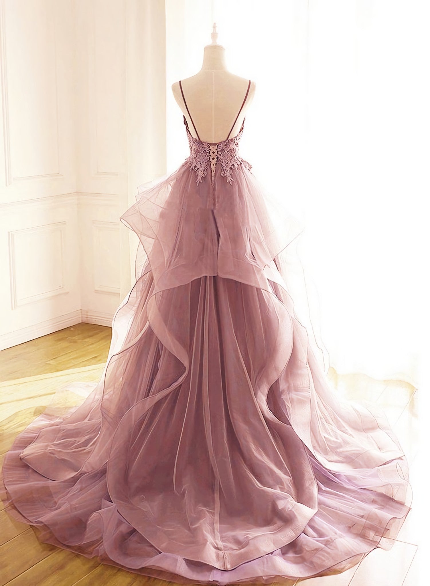 Prom Dresses Pink, Dark Pink V Neck Tulle Lace Prom Dress, Spaghetti Strap Prom Dress, Ruffle A Line Formal Dress