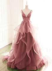 Prom Dress Inspirational, Dark Pink V Neck Tulle Lace Prom Dress, Spaghetti Strap Prom Dress, Ruffle A Line Formal Dress